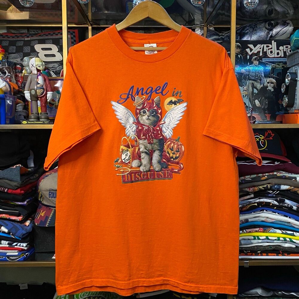Vintage Halloween Cat Kitten T-Shirt Large Orange Devil Angel in Disguise Y2K